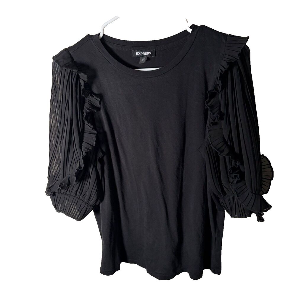 Express Blouse Women's Small Black Puff Sleeve Ruffle Crew Neck Shirt Top